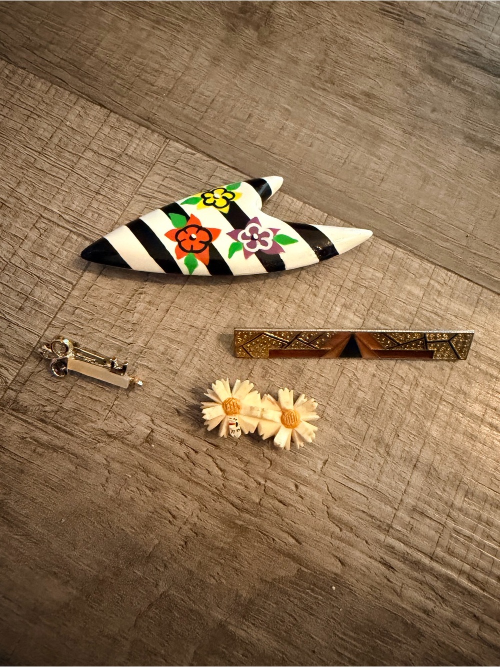 Vintage Celluloid Flower Brooch Lot Black White Floral Wood Geometric Pins